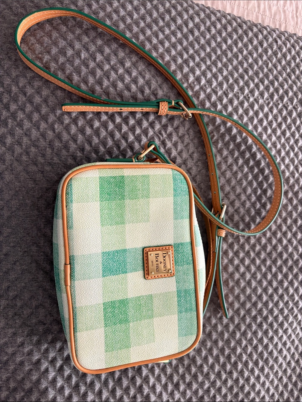 Dooney & Bourke Green Gingham Leather-Trim Crossbody Bag - Picture 1 of 6